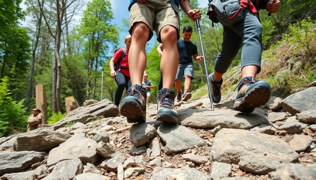 Hikers wearing proper footwear navigating rocky terrain safely at McConnells Mill State Park Hikers wearing proper footwear navigating rocky terrain safely at McConnells Mill State Park