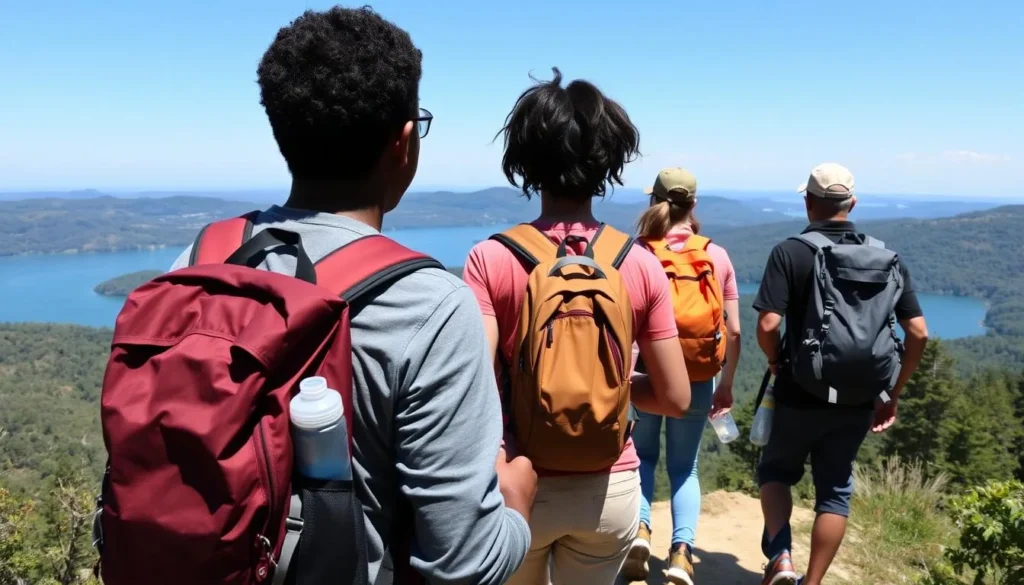 Hikers with backpacks on a scenic trail overlooking Lake Genero Hikers with backpacks on a scenic trail overlooking Lake Genero