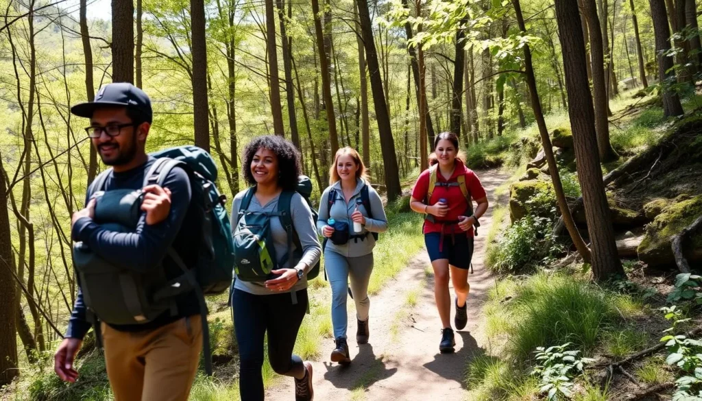 Hikers with backpacks on a trail in Pine Creek Gorge Pennsylvania