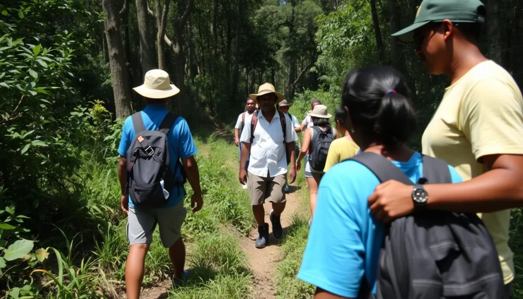 Hikers with local guide navigating a forest trail in Macaya National Park Haiti