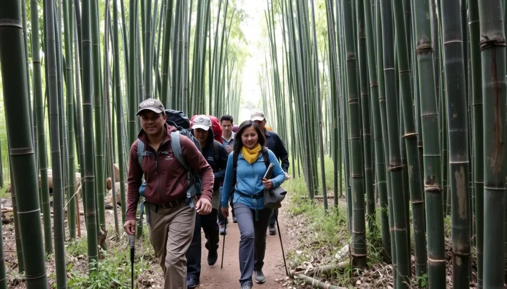 Hikers with local guides trekking through the bamboo zone of Rwenzori Mountains National Park
