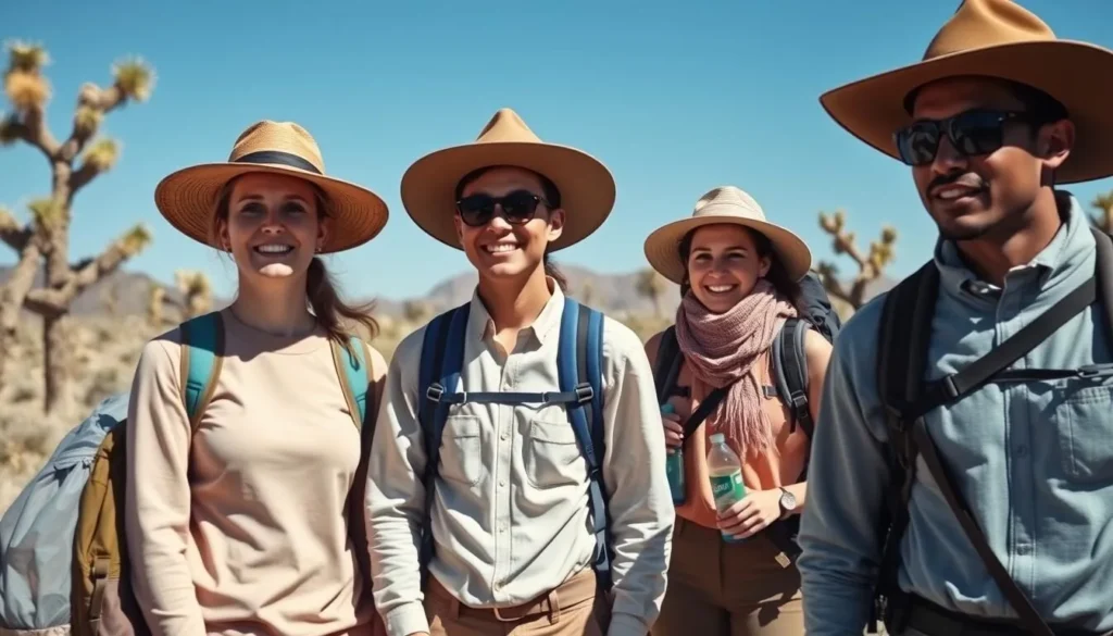 Hikers with proper desert hiking gear including hats, long sleeves, and water bottles in Mojave National Preserve Hikers with proper desert hiking gear including hats, long sleeves, and water bottles in Mojave National Preserve