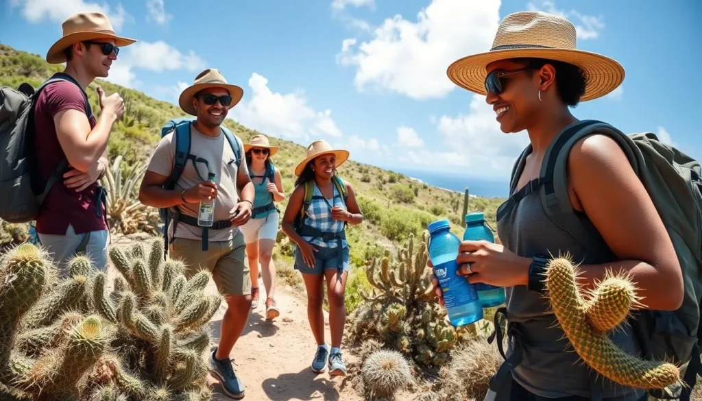Hikers with proper gear and water bottles in Christoffel National Park Curacao