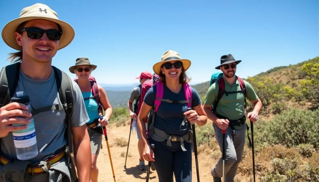 Hikers with proper gear and water bottles on Mount Diablo trail Hikers with proper gear and water bottles on Mount Diablo trail