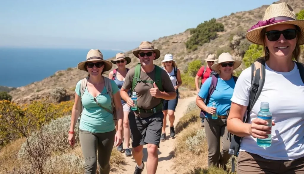 Hikers with proper gear and water bottles on a trail in Point Mugu State Park Hikers with proper gear and water bottles on a trail in Point Mugu State Park