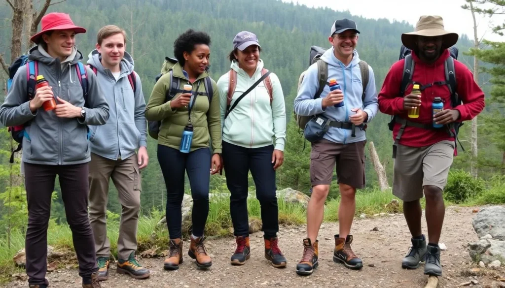 Hikers with proper gear at Laurel Summit State Park Pennsylvania prepared for changing weather Hikers with proper gear at Laurel Summit State Park Pennsylvania prepared for changing weather