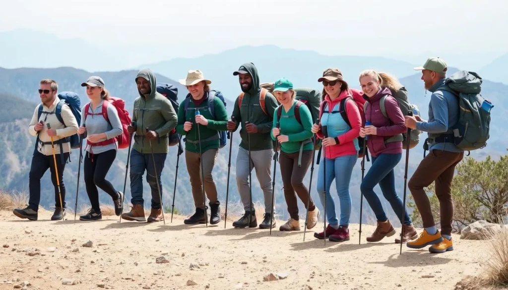 Hikers with proper gear including hiking boots, trekking poles, and backpacks on Mount Baldy trails Hikers with proper gear including hiking boots, trekking poles, and backpacks on Mount Baldy trails