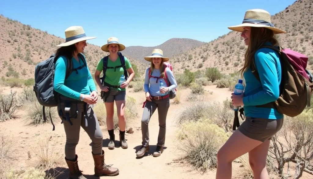 Hikers with proper gear including water bottles, hats, and hiking boots at Cerrillos Hills State Park