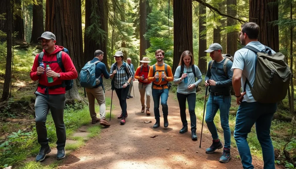 Hikers with proper gear on a trail in Butano State Park