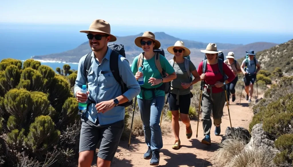 Hikers with proper gear on a trail in Freycinet National Park Tasmania