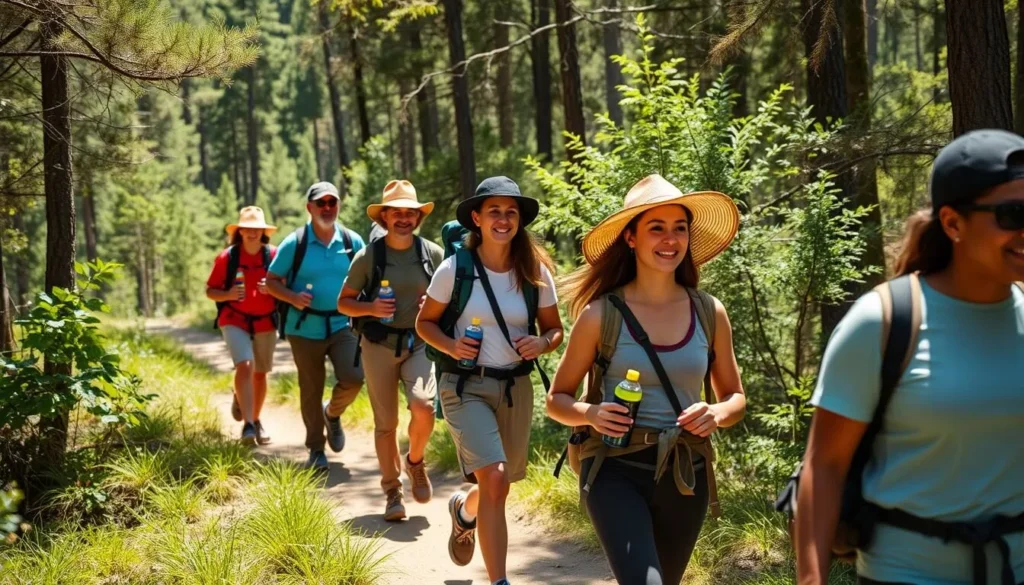 Hikers with proper gear on trails at Torreya State Park