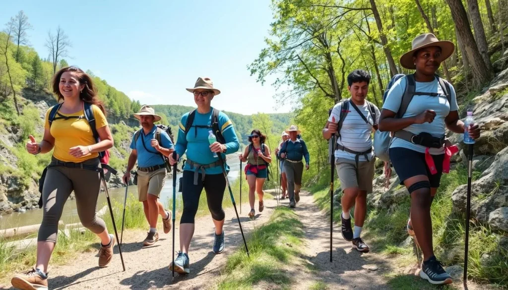 Hikers with proper safety gear walking on the Lehigh Gorge Trail Hikers with proper safety gear walking on the Lehigh Gorge Trail