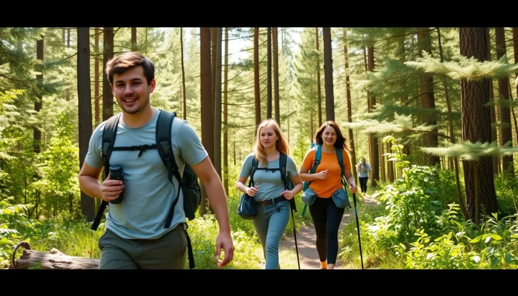 Hiking group in Nizhnyaya Kama National Park Russia exploring forest trails