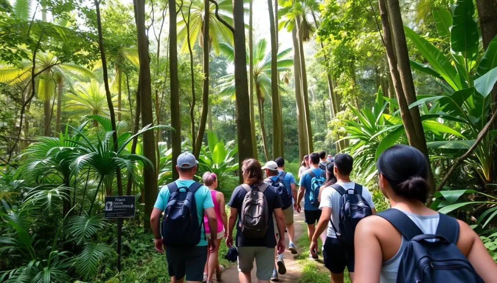 Hiking on the Descartiers Rainforest Trail near Micoud with lush vegetation