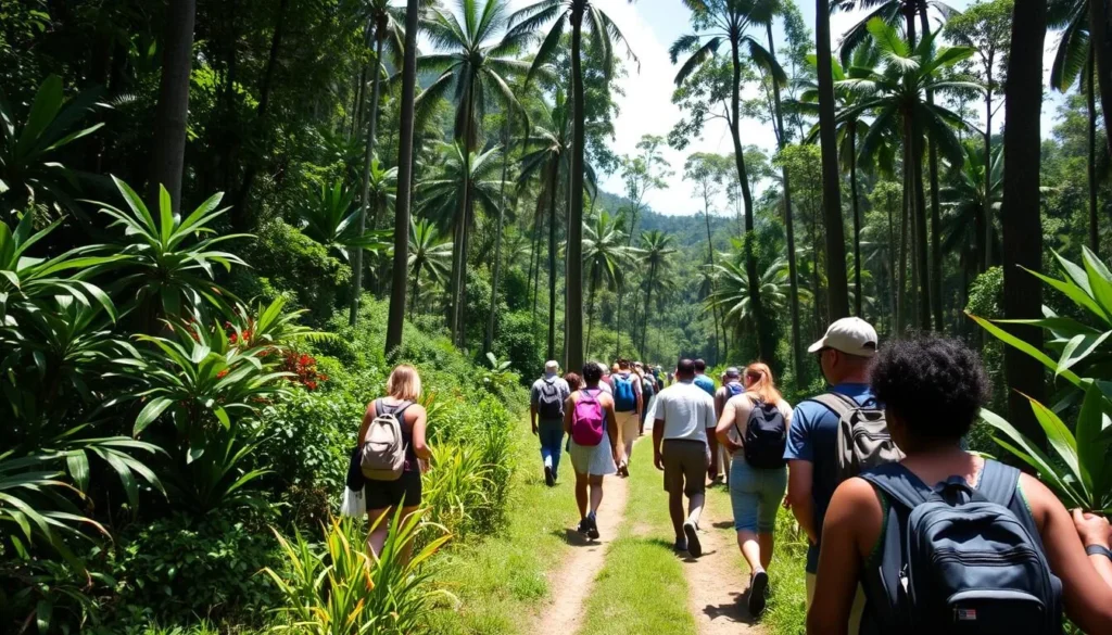 Hiking through rainforest trails near Lake Amuku Hiking through rainforest trails near Lake Amuku