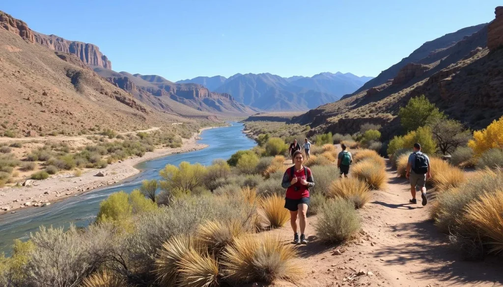 Hiking trail along the Animas River with diverse group of hikers enjoying nature