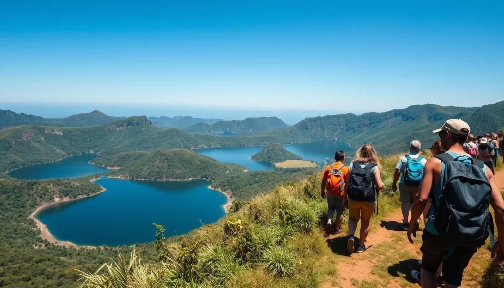 Hiking trail around crater lakes near Fort Portal with tourists enjoying the scenery, highlighting outdoor Fort Portal Uganda things to do Hiking trail around crater lakes near Fort Portal with tourists enjoying the scenery, highlighting outdoor Fort Portal Uganda things to do