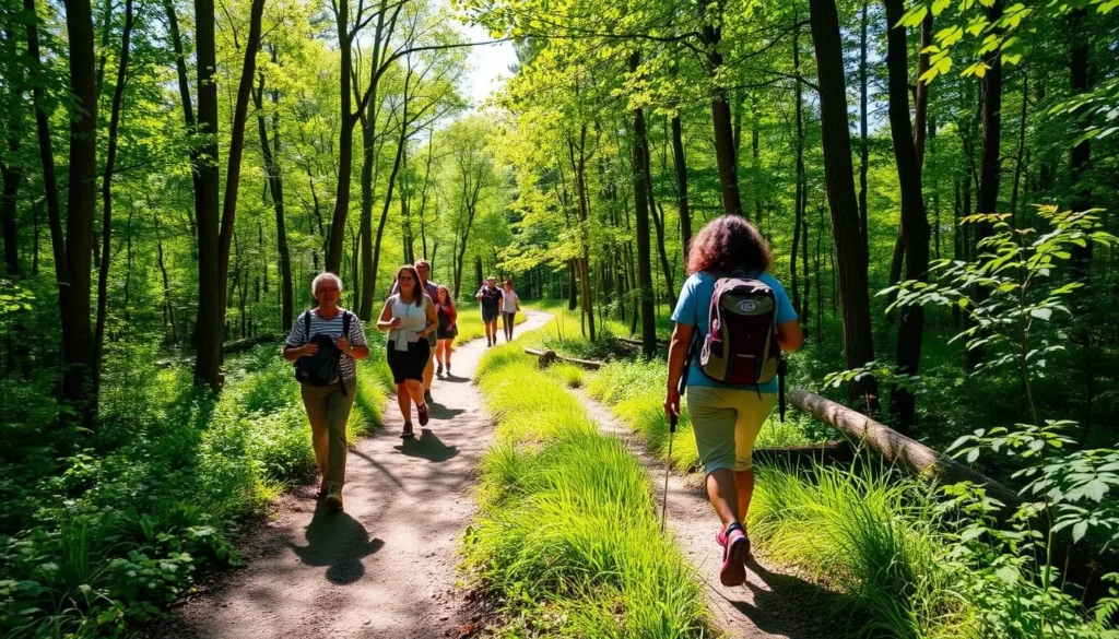 Hiking trail at Asbury Woods in Millcreek Township Pennsylvania with diverse hikers Hiking trail at Asbury Woods in Millcreek Township Pennsylvania with diverse hikers