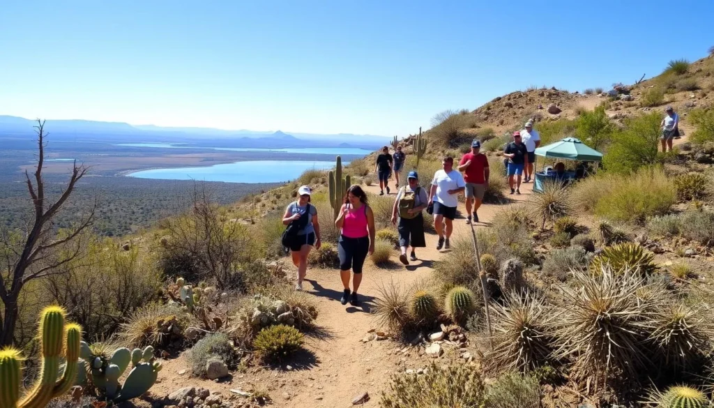 Hiking trail at Brantley Lake State Park showing desert landscape and lake views