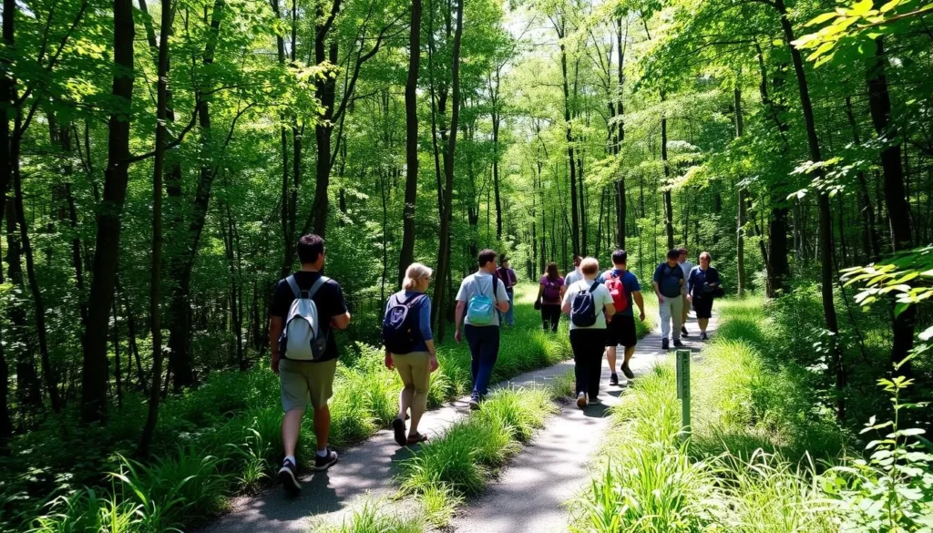 Hiking trail at Crab Orchard National Wildlife Refuge with people walking through forest