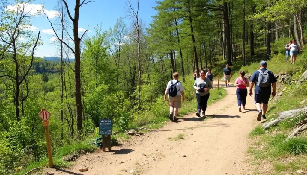 Hiking trail at Evansburg State Park Pennsylvania with clear trail markers and diverse visitors enjoying the path
