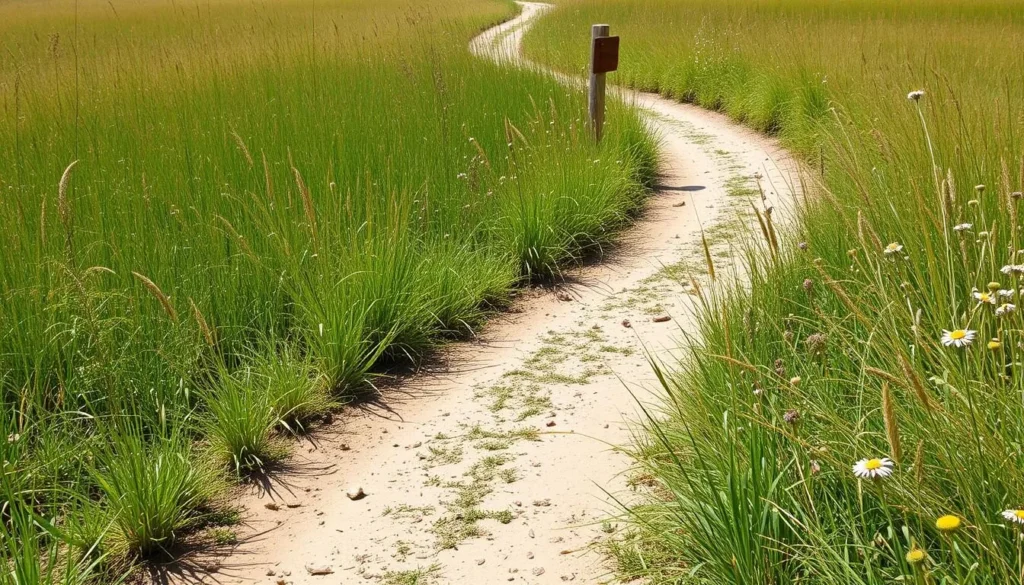 Hiking trail at Goose Lake Prairie Nature Preserve Illinois with interpretive signage and natural surroundings Hiking trail at Goose Lake Prairie Nature Preserve Illinois with interpretive signage and natural surroundings