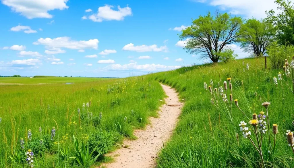 Hiking trail at Goose Lake Prairie near Heidecke Lake State Park Illinois showing tallgrass prairie landscape Hiking trail at Goose Lake Prairie near Heidecke Lake State Park Illinois showing tallgrass prairie landscape