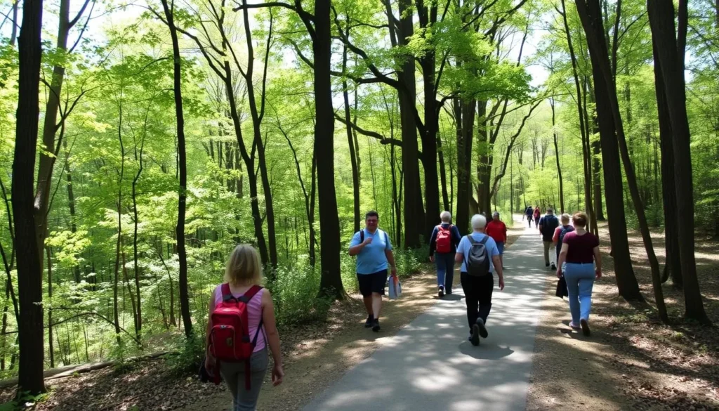 Hiking trail at Hamilton County State Park with visitors walking through wooded area Hiking trail at Hamilton County State Park with visitors walking through wooded area