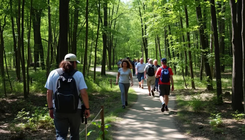 Hiking trail at LaSalle Lake State Park with diverse visitors walking through a wooded area Hiking trail at LaSalle Lake State Park with diverse visitors walking through a wooded area