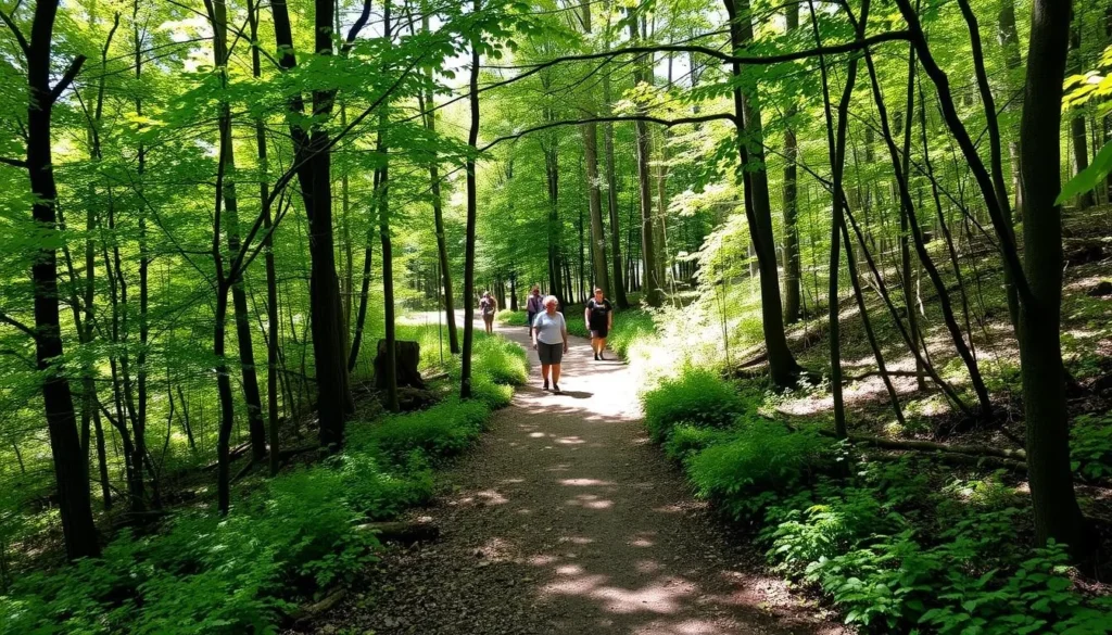 Hiking trail at Little Buffalo State Park with people walking through wooded area Hiking trail at Little Buffalo State Park with people walking through wooded area
