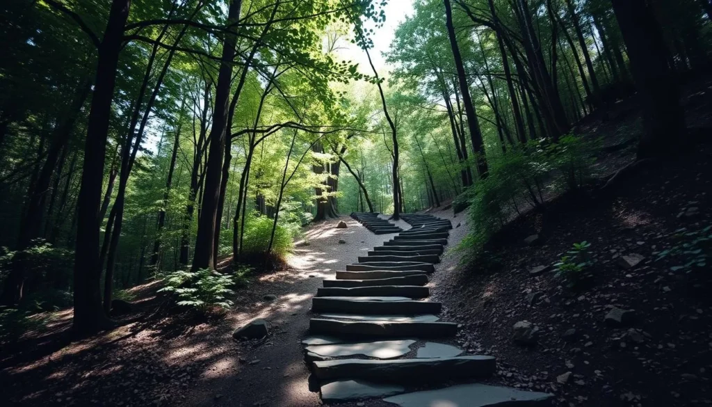 Hiking trail at Little Grand Canyon Illinois with natural stone steps and forest surroundings Hiking trail at Little Grand Canyon Illinois with natural stone steps and forest surroundings