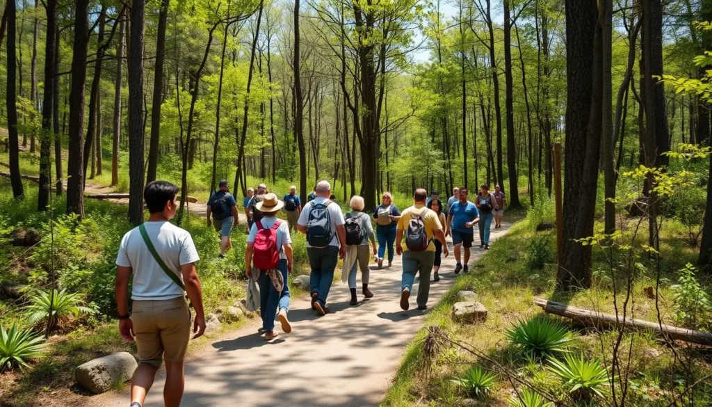Hiking trail at Ryerson Station State Park with visitors walking through forested area Hiking trail at Ryerson Station State Park with visitors walking through forested area
