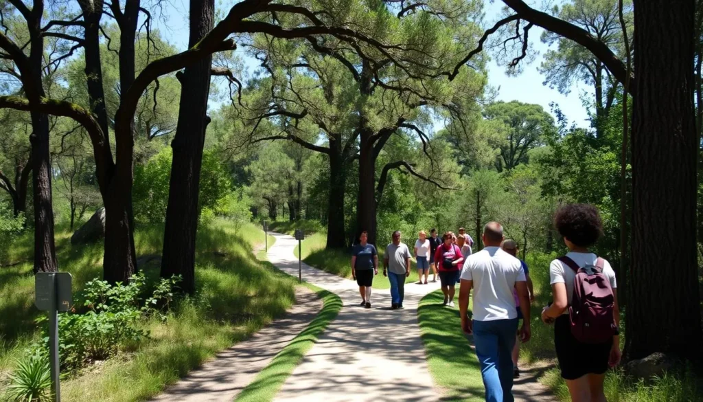 Hiking trail at Torreya State Park with diverse visitors exploring