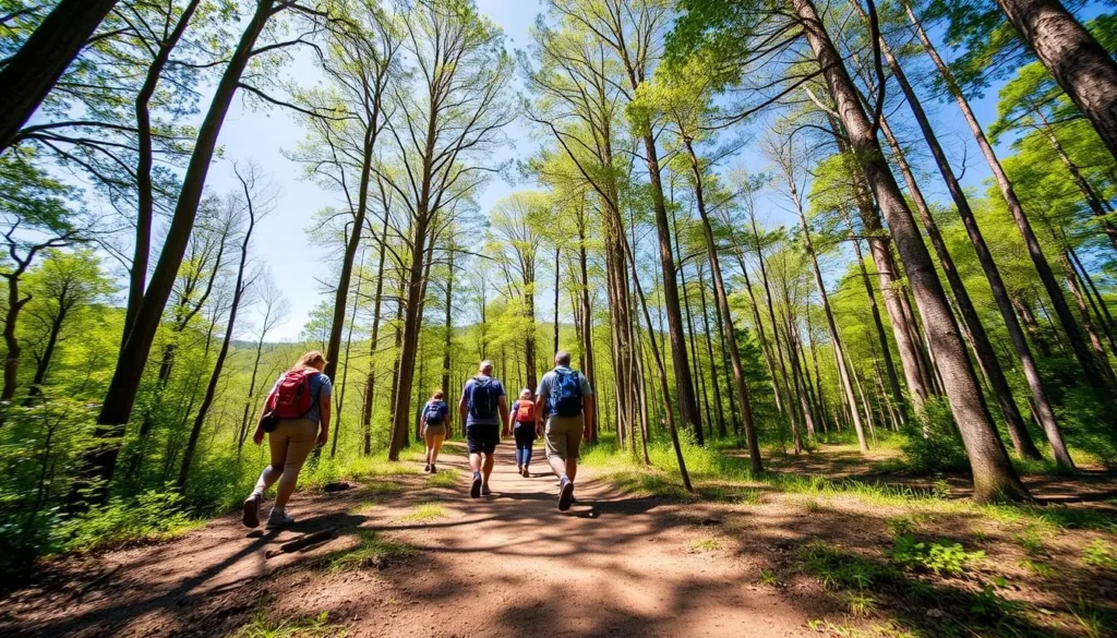 Hiking trail in Bald Eagle State Forest near McCalls Dam State Park showing hikers on a forest path Hiking trail in Bald Eagle State Forest near McCalls Dam State Park showing hikers on a forest path