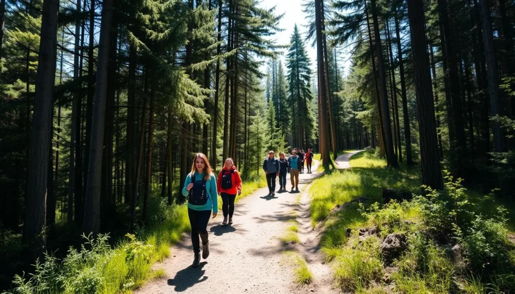 Hiking trail in Nizhnyaya Kama National Park Russia with diverse tourists exploring the forest