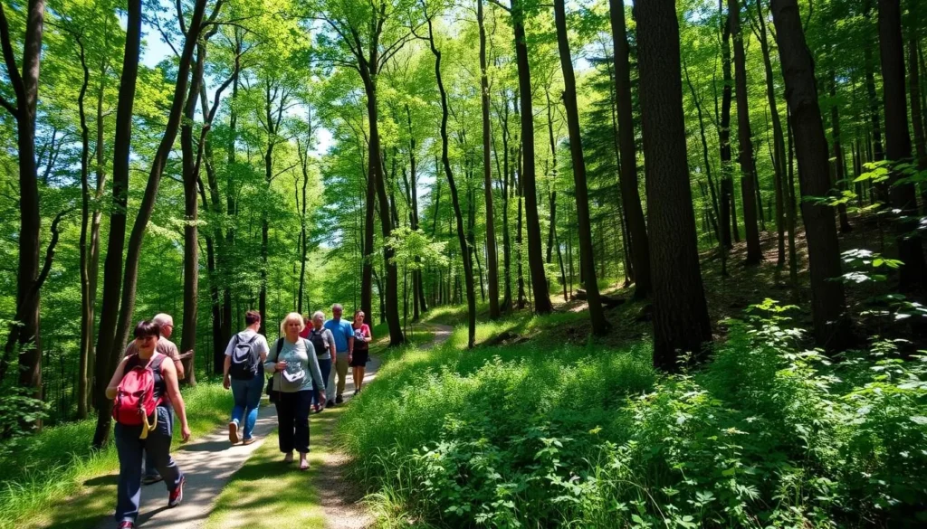 Hiking trail in North Park with diverse hikers enjoying nature Hiking trail in North Park with diverse hikers enjoying nature