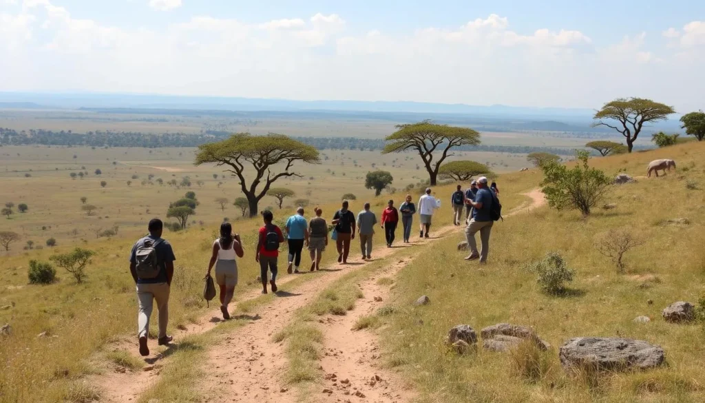 Hiking trail in Omo National Park with diverse tourists exploring the natural landscape