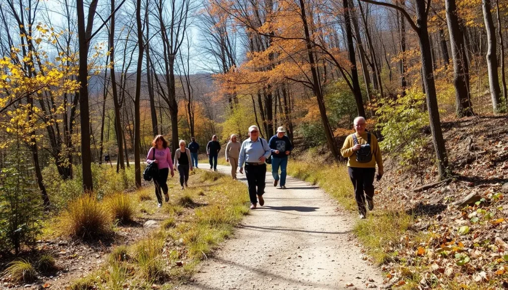 Hiking trail in Penn Hills with visitors enjoying nature walks through wooded areas with seasonal foliage