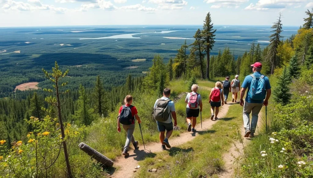 Hiking trail in Samarskaya Luka National Park near Tolyatti with lush forest and scenic views