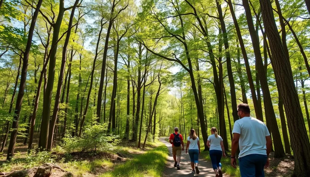 Hiking trail in Shawnee National Forest near Cairo with diverse hikers enjoying nature Hiking trail in Shawnee National Forest near Cairo with diverse hikers enjoying nature