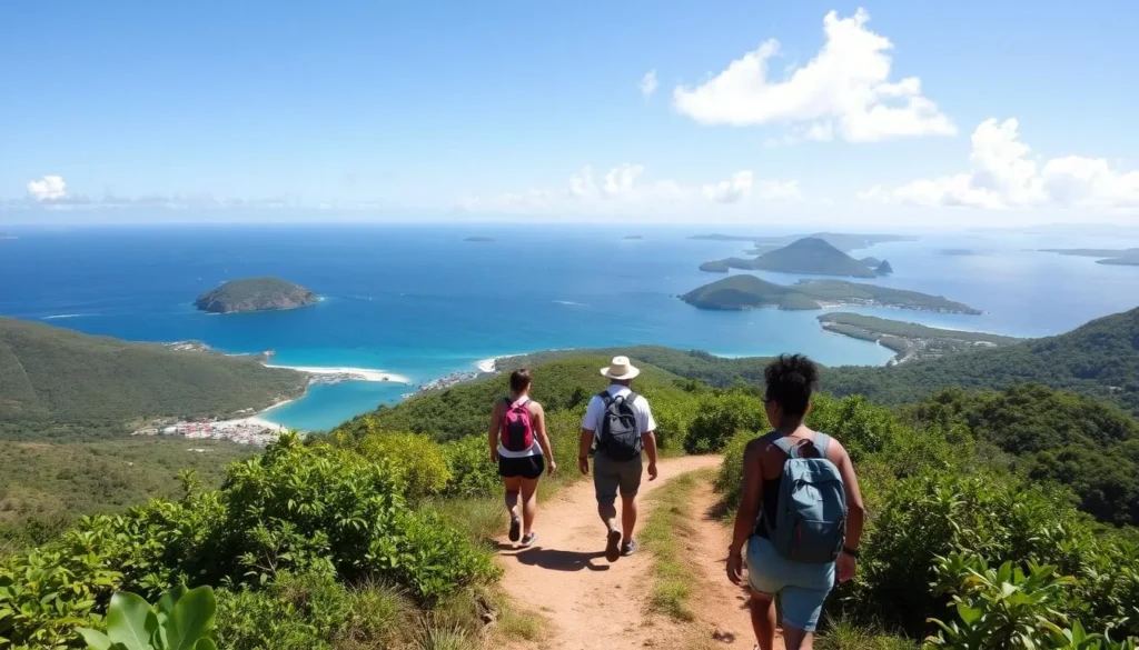 Hiking trail in the hills above Lowlands with ocean views Hiking trail in the hills above Lowlands with ocean views