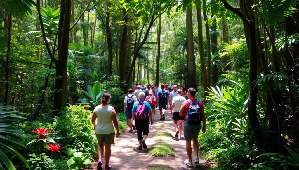 Hiking trail in the lush tropical forest near Gros Islet with diverse tourists