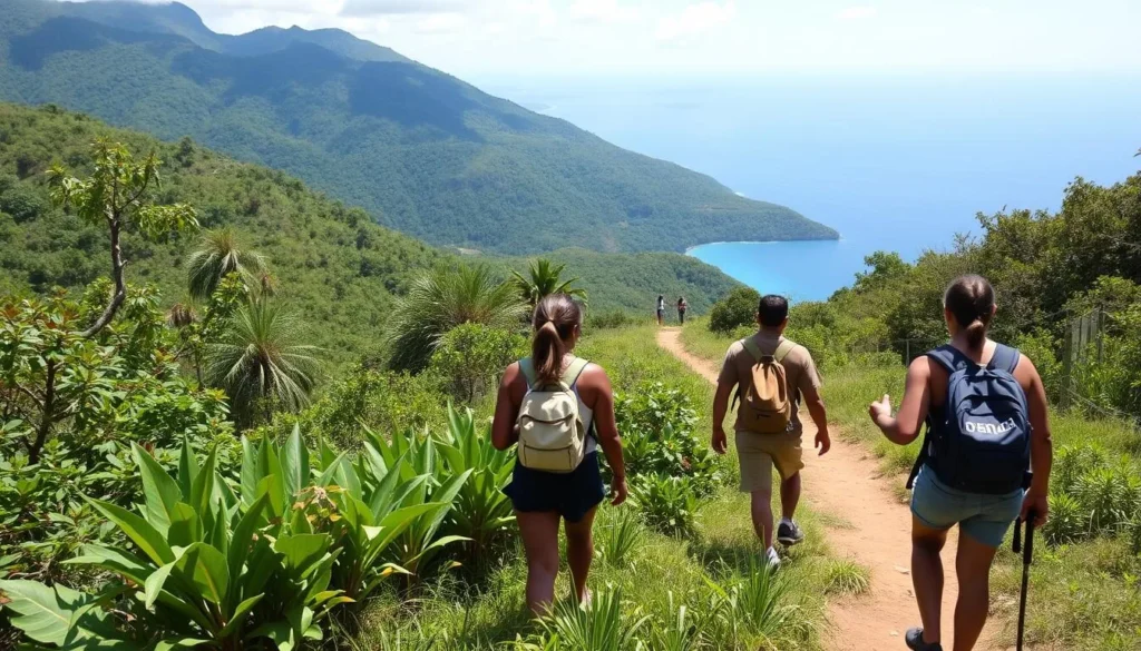 Hiking trail in the mountains near La Cote des Arcadins with ocean views