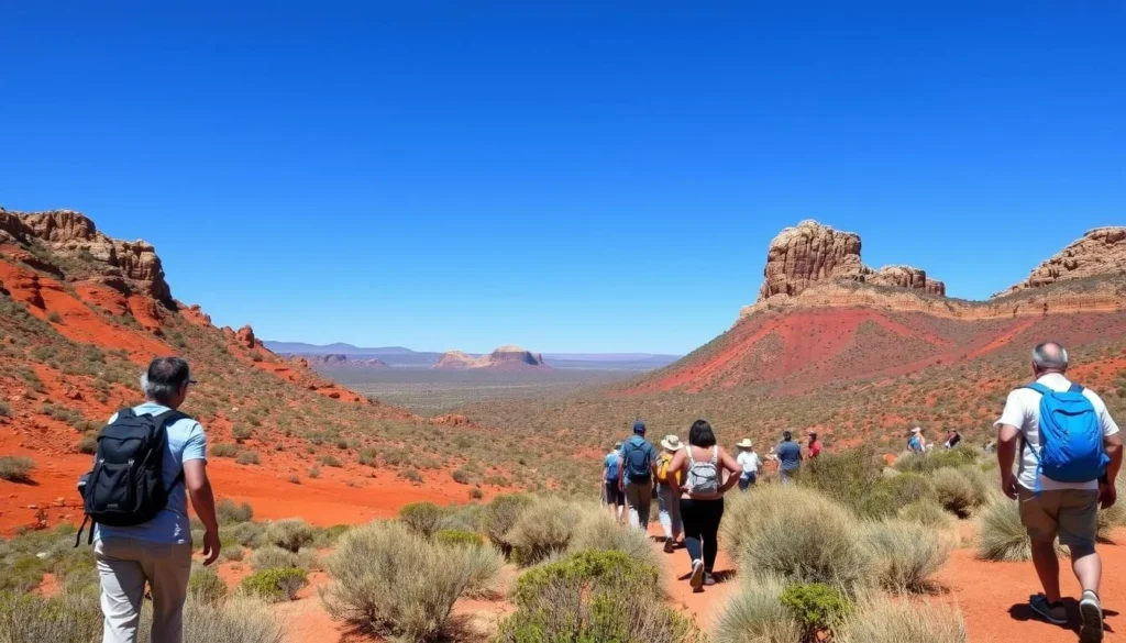 Hiking trail in the nearby Flinders Ranges with tourists enjoying the scenery, a popular outdoor activity near Port Augusta South Australia best things to do