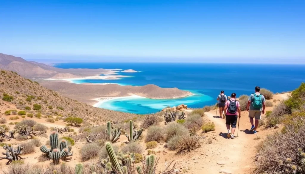 Hiking trail near Balandra Beach in La Paz Mexico with desert landscape and ocean views