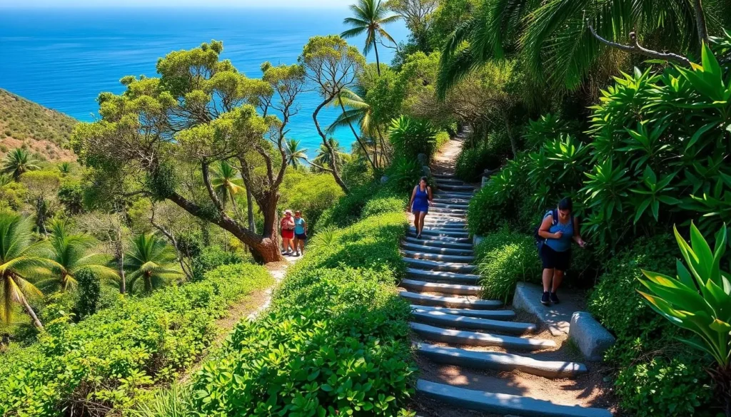 Hiking trail near Dawn Beach with tropical vegetation and ocean views Hiking trail near Dawn Beach with tropical vegetation and ocean views