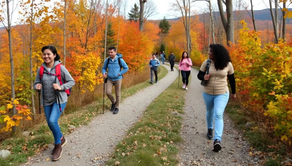 Hiking trail near Edinboro Lake with people enjoying nature walk through autumn foliage Hiking trail near Edinboro Lake with people enjoying nature walk through autumn foliage