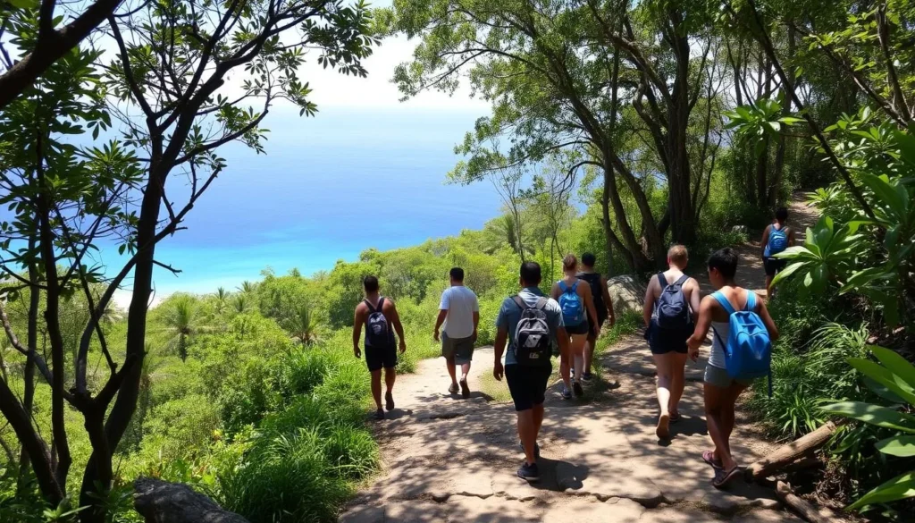 Hiking trail near Kokoye Beach Haiti with lush tropical vegetation and ocean views
