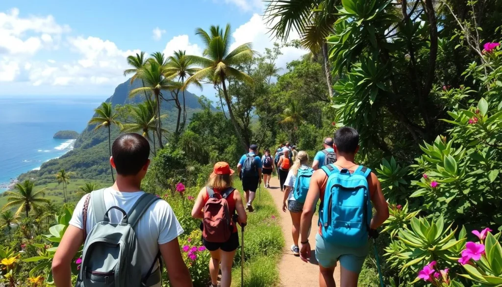 Hiking trail near Laborie with tourists enjoying lush tropical vegetation and ocean views
