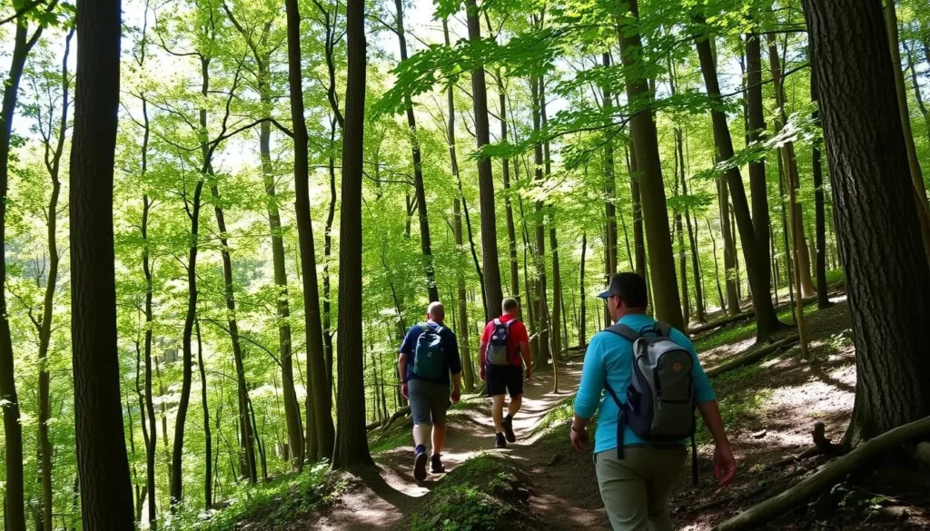 Hiking trail near Lake Jean Pennsylvania with diverse hikers Hiking trail near Lake Jean Pennsylvania with diverse hikers